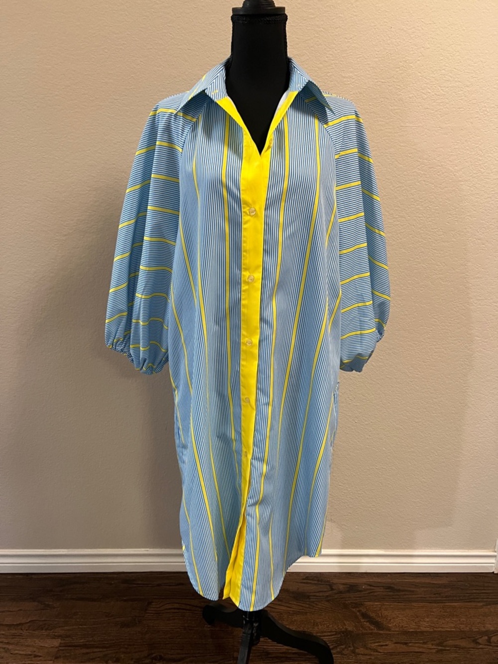 Blue & Yellow Striped Shirt Dress | Long Sleeve Button Front Tunic Midi